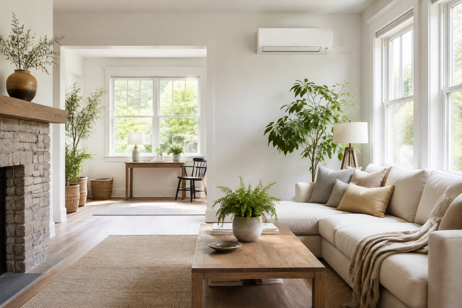 A bright, sunlit living room with a wall-mounted mini-split
